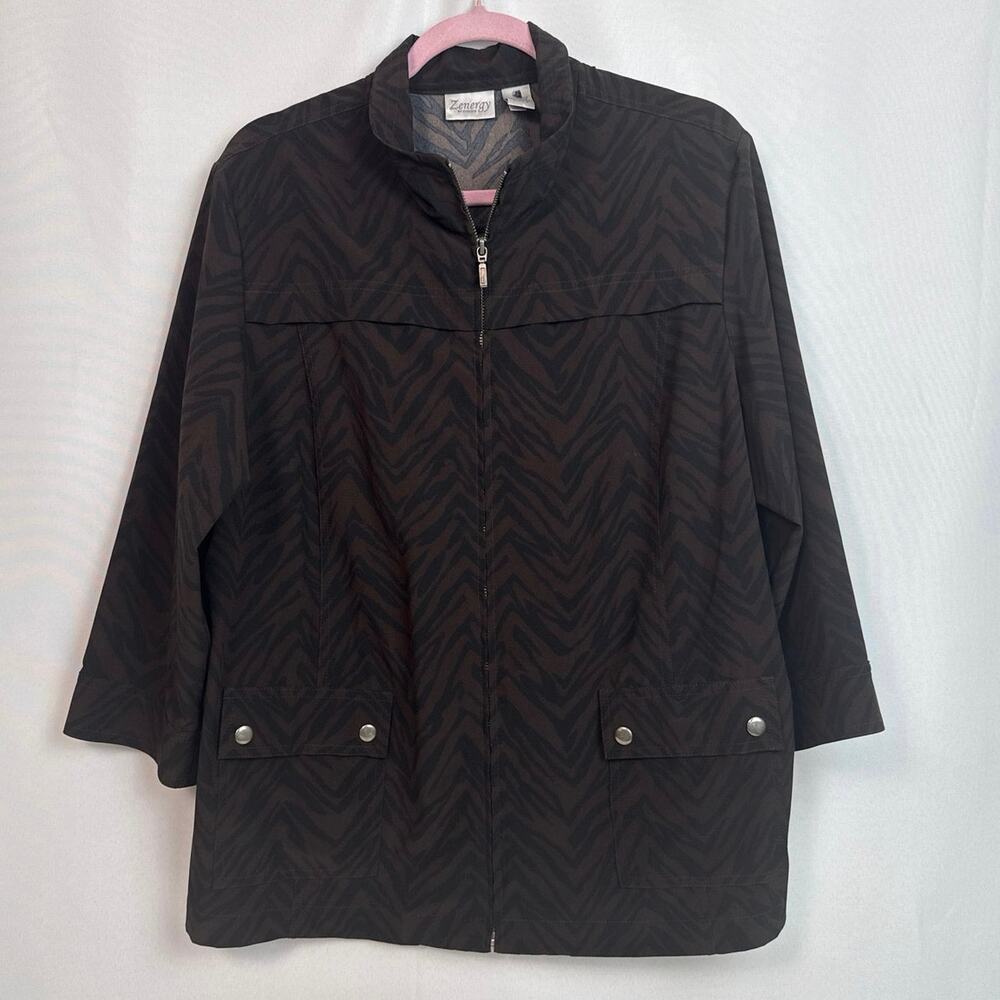 Zenergy Chicos Womens Zebra Jacquard Zip Jacket Size 3 Black Brown Safaricore